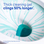 Close-up of turquoise cleaning gel applied inside a toilet bowl with text stating thick cleaning gel clings 50% longer