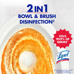 Top-down view of toilet bowl showing orange cleaning gel swirl and Lysol badge with disinfecting claim