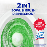 Top-down view of a toilet bowl with green foaming cleaner and text promoting 2-in-1 bowl and brush disinfection