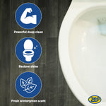 Top-down toilet bowl photo with three blue circular icons for deep clean, shine, and scent
