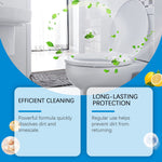 Toilet bowl in a bathroom with illustrated mint leaves and bubbles suggesting fresh scent and cleaning action