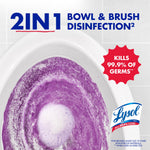Top-down view of a toilet bowl with swirling purple cleaner and a red badge claiming 'Kills 99.9% of germs' and '2IN1' headline.