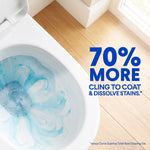 Top-down view of a toilet bowl with swirling blue cleaner and large text stating 70% more cling