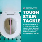 Top-down view of a toilet bowl with a graphics panel stating ‘Tough Stain Tackle’ and septic-safe messaging