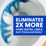 Toilet bowl interior with blue cleaning gel applied around the rim and a bold inset text claim about eliminating hard water and rust stains