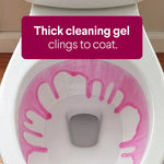Top-down view of a toilet bowl rimmed with pink cleaning gel, overlaid text reads “Thick cleaning gel clings to coat.”