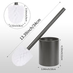 Toilet brush and cylindrical holder with dimensional measurement callouts showing brush head and overall length