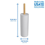 White cylindrical toilet brush holder with bamboo handle shown with height and diameter dimensions and Made in the USA badge.