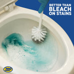 Toilet bowl being brushed with blue-green cleaning foam and caption 'Better than bleach on stains'