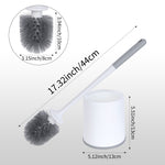 Toilet brush and holder with dimensions annotated and close-up of the brush head on gray gradient background