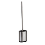 Tall stainless steel toilet brush placed upright inside a satin metal holder with black trim on white background
