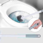 Toilet brush scrubbing inside a toilet bowl with inset showing gray handle grip and ergonomic hold