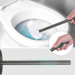 Toilet brush with gray handle cleaning inside a toilet bowl, inset showing a closeup of grip and handle detail