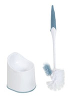Toilet brush with teal handle accent and white curved caddy displayed separately on white background