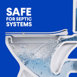 Cutaway illustration of a toilet showing water flow with text indicating the product is safe for septic systems