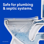 Cutaway illustration of a toilet showing water flow and text stating safe for plumbing and septic systems on blue background
