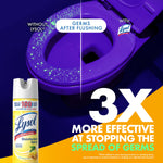 Split-image toilet bowl showing germs left vs cleaned, with Lysol can and claim about three times more effective
