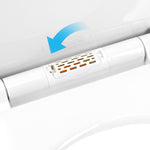 Close-up of a white toilet hinge with a small vented refill housing highlighted by a blue arrow