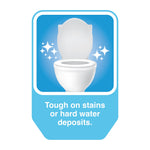 Iconographic toilet image with sparkles and caption claiming toughness on stains and hard water deposits