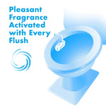 Stylized blue toilet illustration showing a hanging rim freshener and text 'Pleasant Fragrance Activated with Every Flush'.