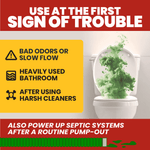Infographic showing a toilet with green plume and usage icons listing bad odors, heavy use, and harsh cleaners as signs to use the product.