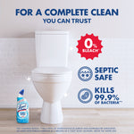 Toilet in a bright bathroom with Lysol Oxi Action bottle on the floor and icons for septic safe and 99.9% bacteria kill