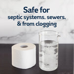Toilet paper roll beside a glass beaker with dissolving fibers and text claiming safety for septic systems and sewers