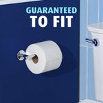 Toilet paper roll mounted on a holder against blue wall with text 'Guaranteed to Fit' in the background