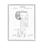 Black-and-white patent-style illustration of a toilet paper roll with handwritten background and patent text.