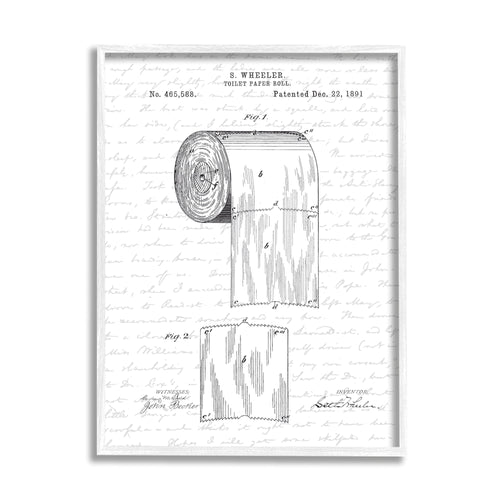 Black-and-white patent-style illustration of a toilet paper roll with handwritten background and patent text.