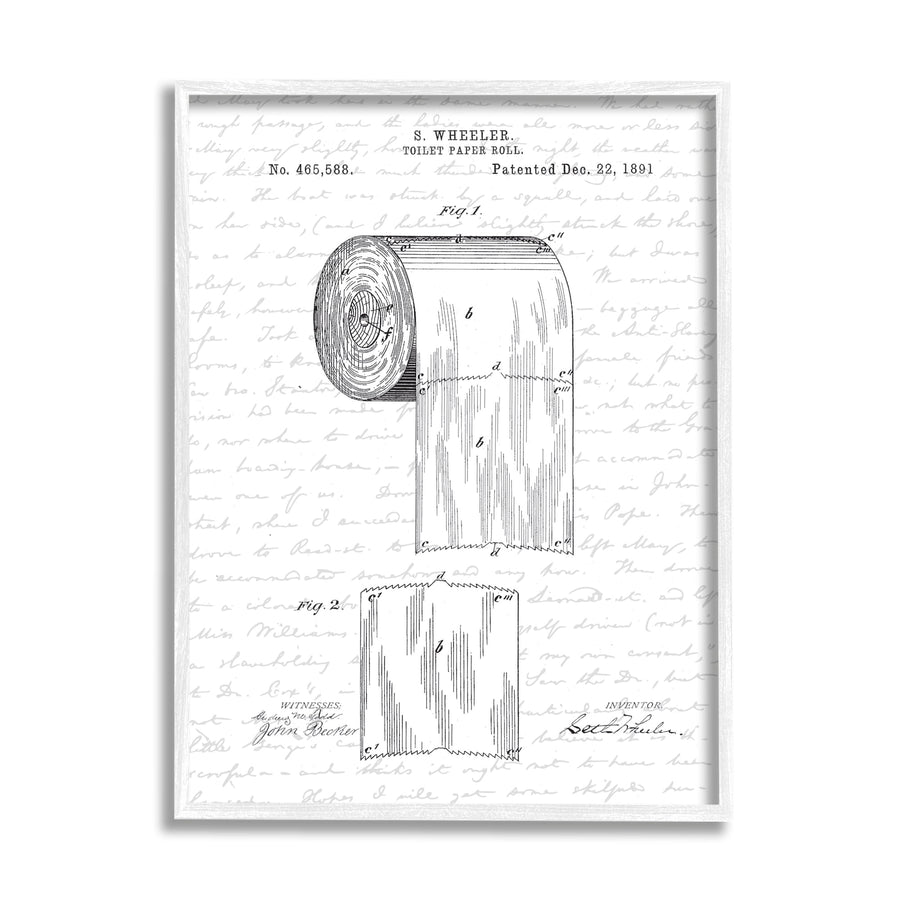 Black-and-white patent-style illustration of a toilet paper roll with handwritten background and patent text.