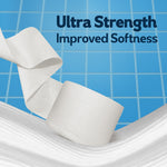 Close-up stylized image of a toilet paper roll and unspooled sheet with text 'Ultra Strength Improved Softness' on blue grid