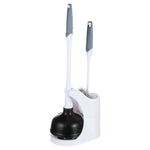 White caddy holding a black rubber plunger and a white toilet brush with gray handles shown on a white background
