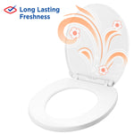 Toilet seat graphic with decorative floral swirls and text proclaiming long lasting freshness