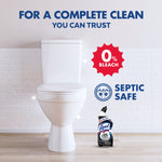 White toilet in a tiled bathroom scene with text calling out '0% bleach' and 'septic safe' and a small Lysol bottle at the base