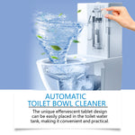 Illustration of a toilet tank with an effervescent tablet being dropped and a swirling water vortex cleaning the bowl