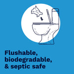 Line drawing of a toilet bowl with a wipe being dropped in, and text stating flushable, biodegradable, and septic safe