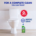 Toilet in a tiled bathroom scene with a Lysol bamboo-scent bottle and icons noting 0% bleach and septic safe