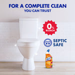 Toilet in a tiled bathroom with small Lysol Brand New Day bottle and icons indicating 0% bleach and septic safe