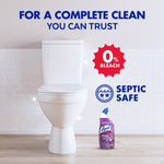 Toilet bowl in a tiled bathroom with Lysol Brand New Day bottle on the floor and text noting 0% bleach and septic safe.