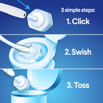 Three-panel instructional graphic showing click, swish, toss steps with illustrated ToiletWand pad attaching, cleaning a bowl, then being discarded
