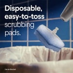 Single Clorox ToiletWand scrubbing pad shown being tossed toward a trash bag with tile background and text about disposability.