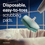 ToiletWand scrubbing pad being tossed into a trash bag under faucet with disposable pads text