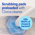 Close-up of a ToiletWand scrubbing pad in a toilet bowl with blue foaming cleaner and text noting pads are preloaded with Clorox cleaner.