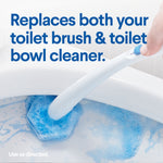ToiletWand pad inside a toilet bowl with blue cleaning foam and headline claiming it replaces both your toilet brush and toilet bowl cleaner