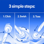 Illustrated three-panel graphic showing click, swish, toss steps for attaching and using a ToiletWand pad