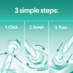 Three-panel infographic showing click, swish, toss steps for attaching and using ToiletWand pads