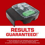 Close-up image of a Tomcat clear-lidded refillable bait station containing a single green bait block on a red background