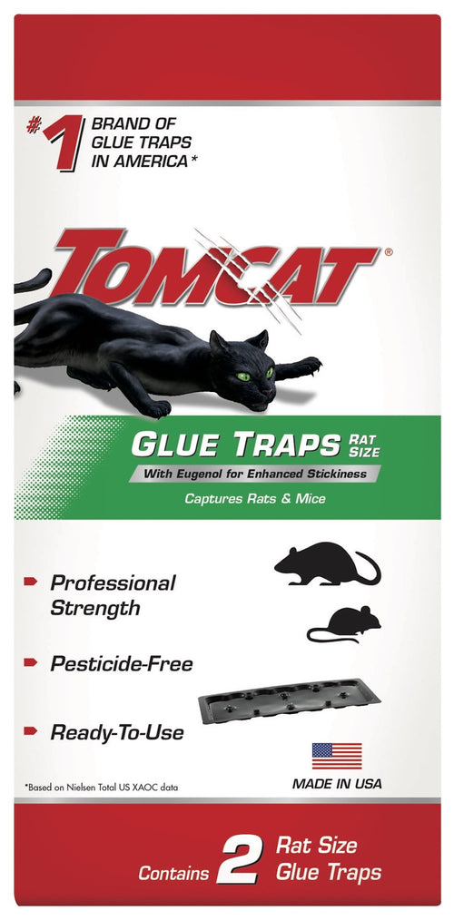 Front packaging graphic for Tomcat glue traps featuring a leaping black cat logo, product name and icons