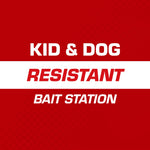 Red panel with white banded text stating “KID & DOG RESISTANT BAIT STATION” in bold uppercase lettering